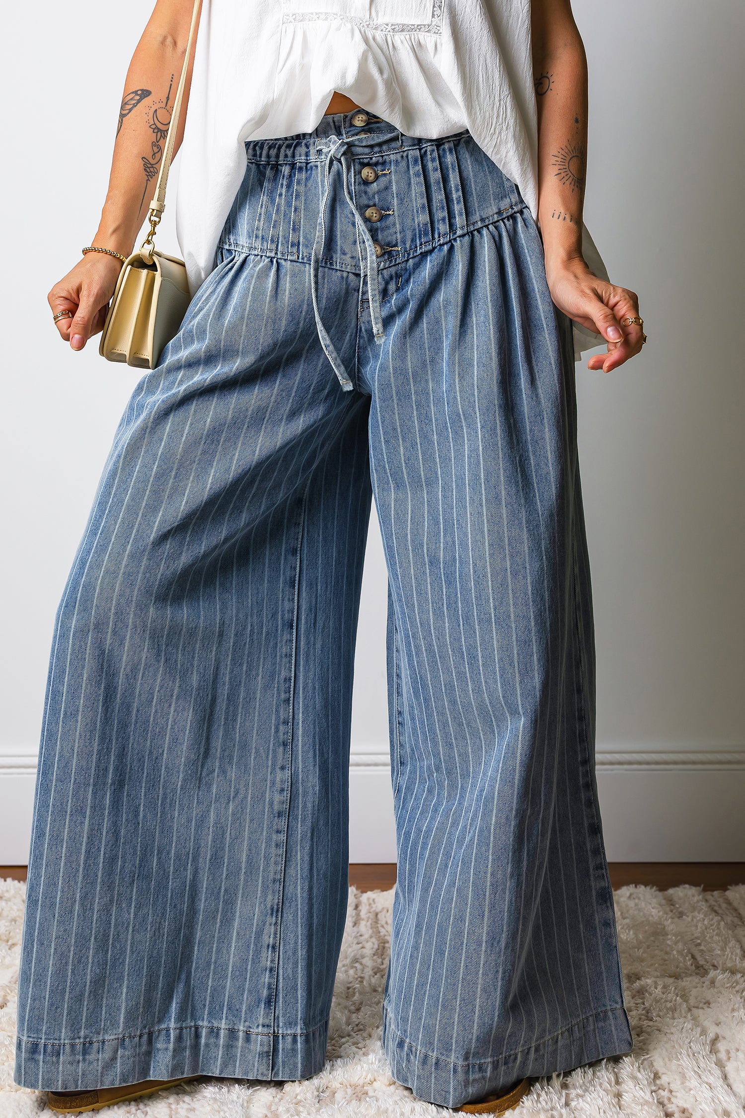 Sky Blue Stripe Button Pleated Drawstring Waist Wide Leg Jeans