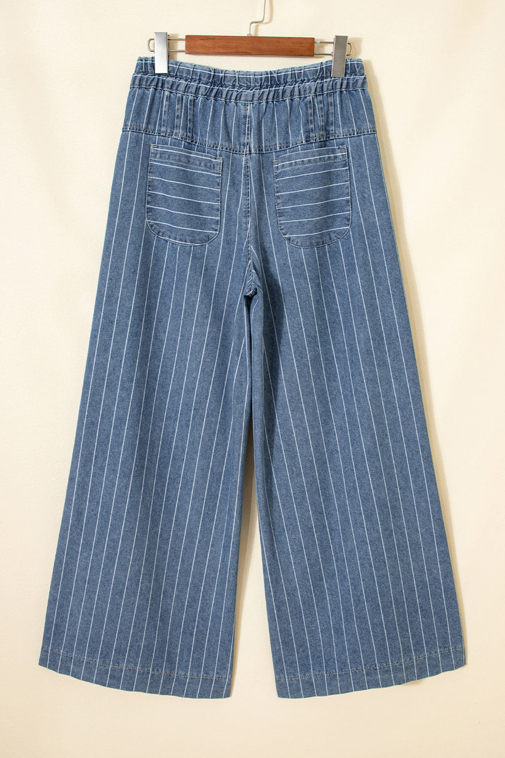 Sky Blue Stripe Button Pleated Drawstring Waist Wide Leg Jeans
