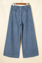 Sky Blue Stripe Button Pleated Drawstring Waist Wide Leg Jeans