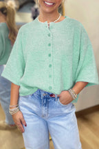 3/4 Sleeve Boxy Knit Button Down Sweater Cardigan