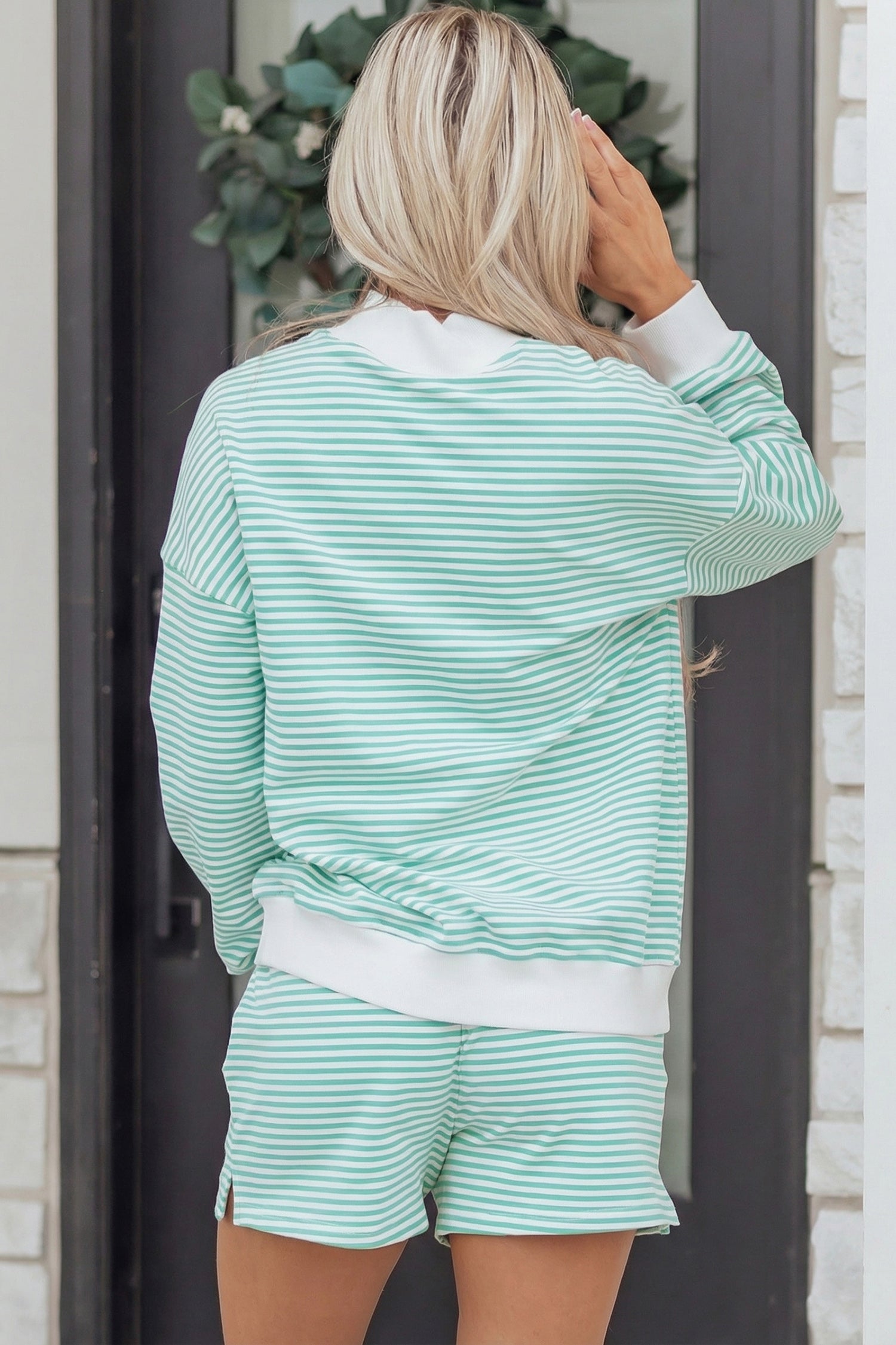 Stripe Oversize Mock Neck Sweatshirt and Shorts Set