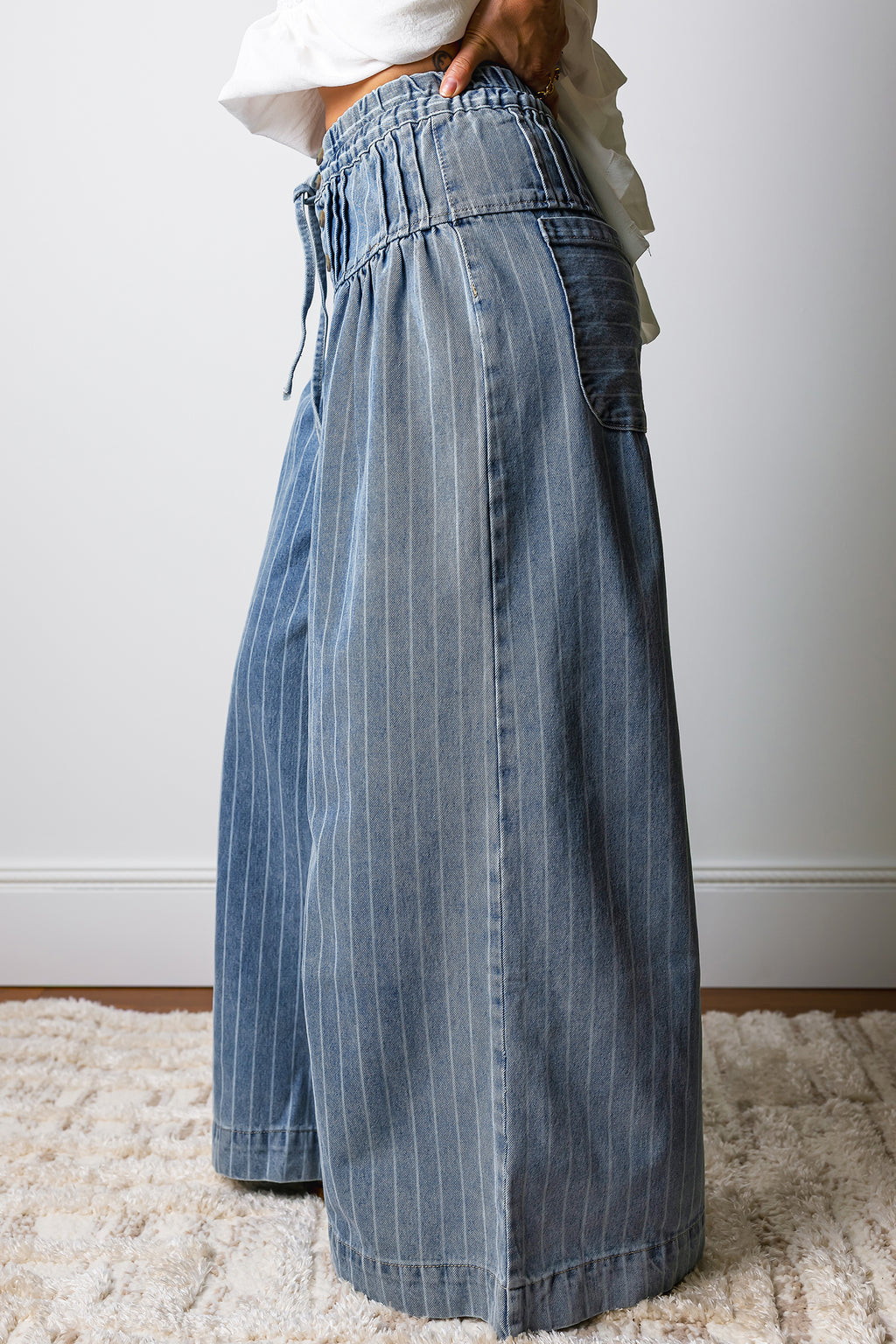 Sky Blue Stripe Button Pleated Drawstring Waist Wide Leg Jeans