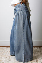 Sky Blue Stripe Button Pleated Drawstring Waist Wide Leg Jeans