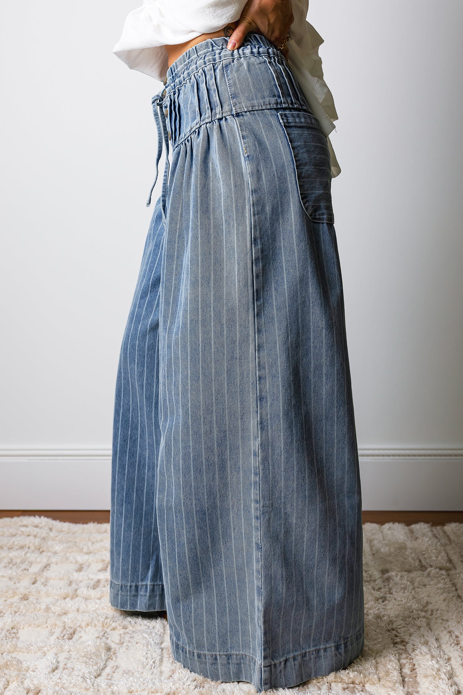 Sky Blue Stripe Button Pleated Drawstring Waist Wide Leg Jeans