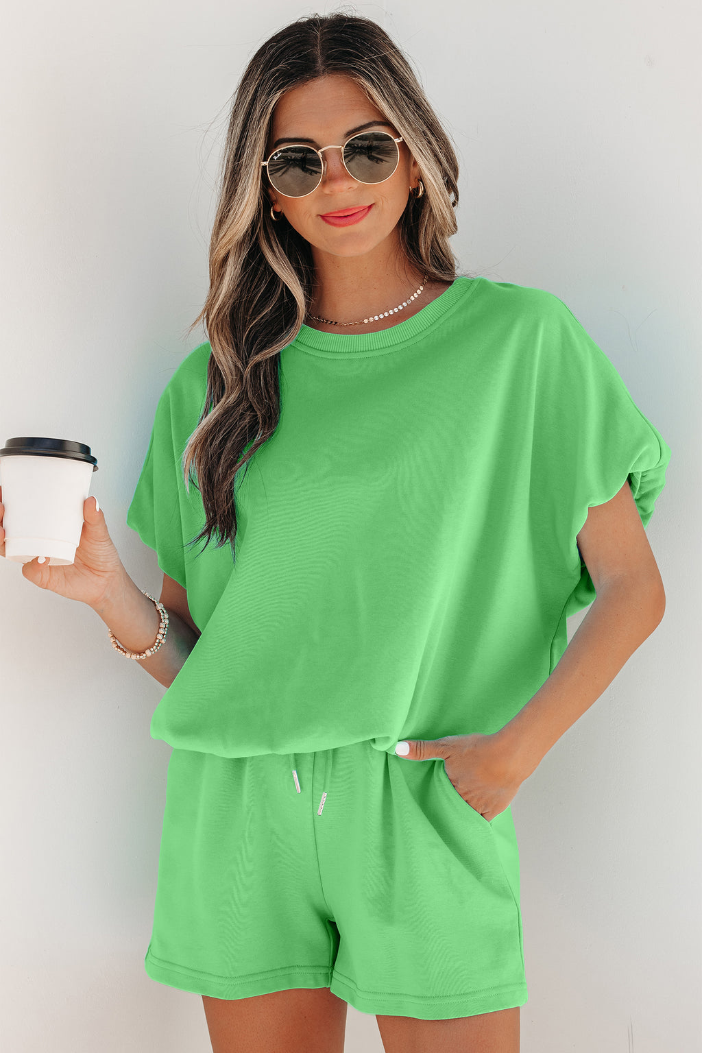 Solid Color Puffy Loose Top Drawstring Shorts 2pc Outfit
