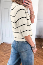 White Stripe Ribbed Knit Half Sleeve Loose Sweater Tee
