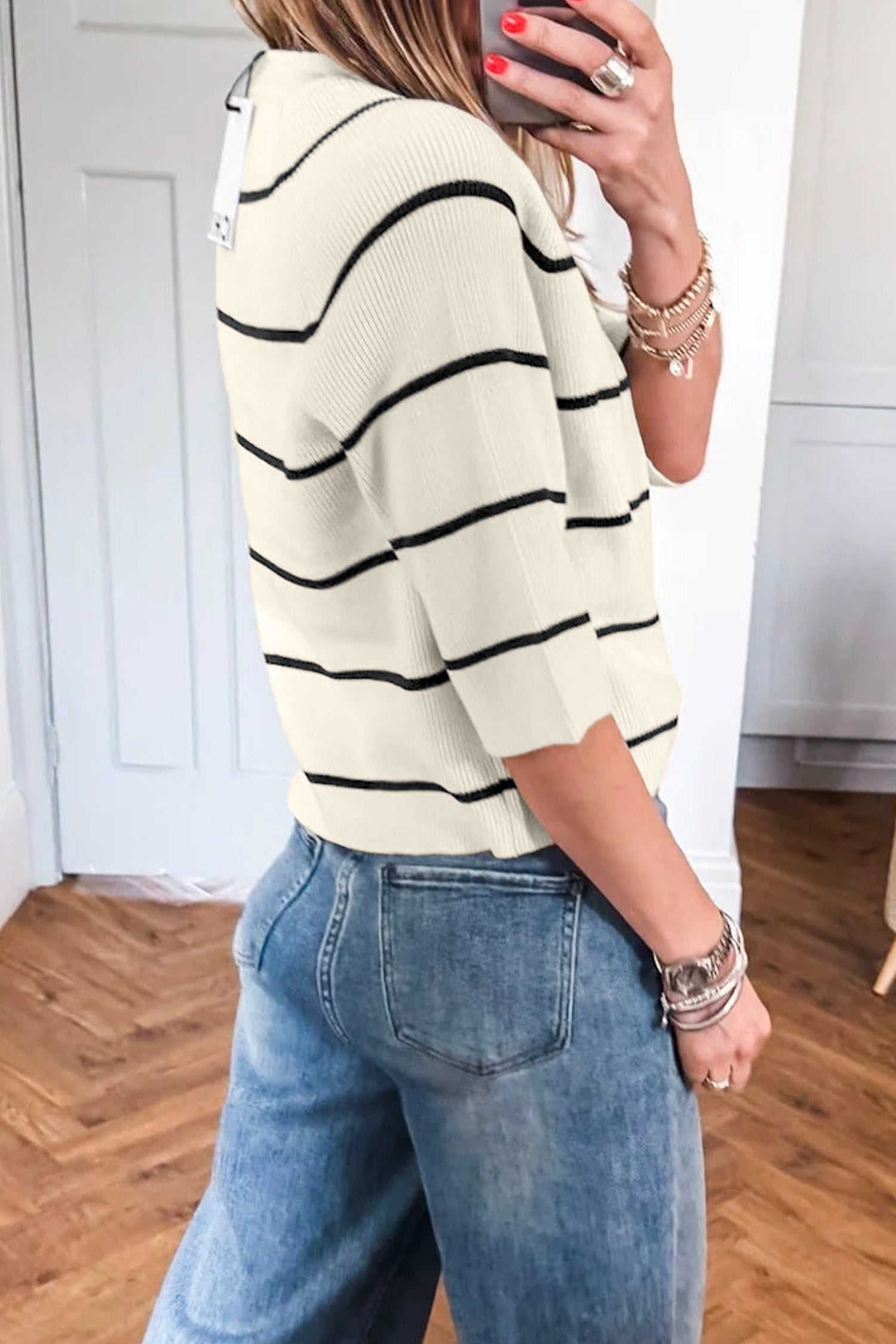 White Stripe Ribbed Knit Half Sleeve Loose Sweater Tee
