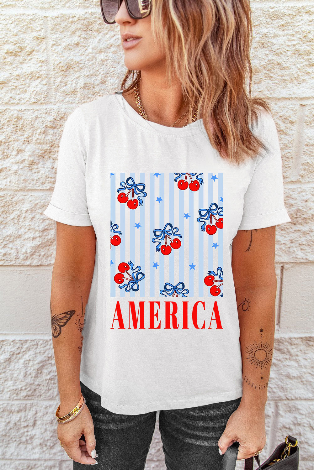 White Bow Cherry AMERICA Graphic Patriotic T Shirt