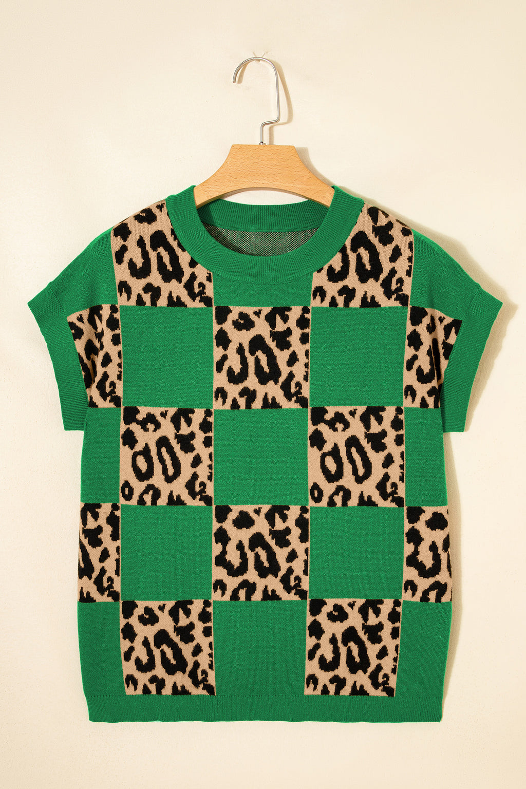 Leopard Checkerboard Short Sleeve Knit Sweater