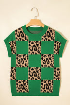 Leopard Checkerboard Short Sleeve Knit Sweater