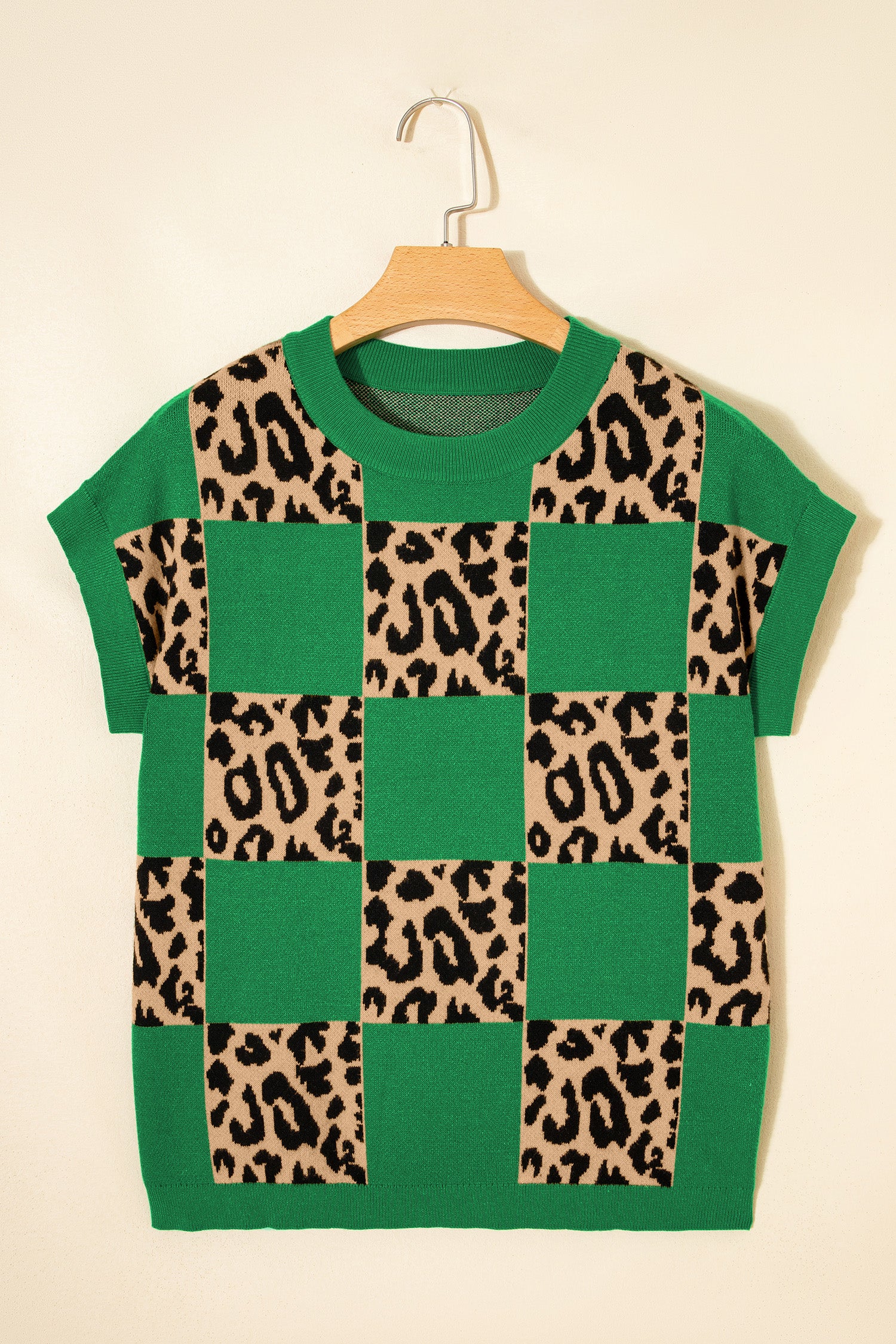 Leopard Checkerboard Short Sleeve Knit Sweater