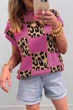 Leopard Checkerboard Short Sleeve Knit Sweater