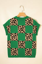Leopard Checkerboard Short Sleeve Knit Sweater