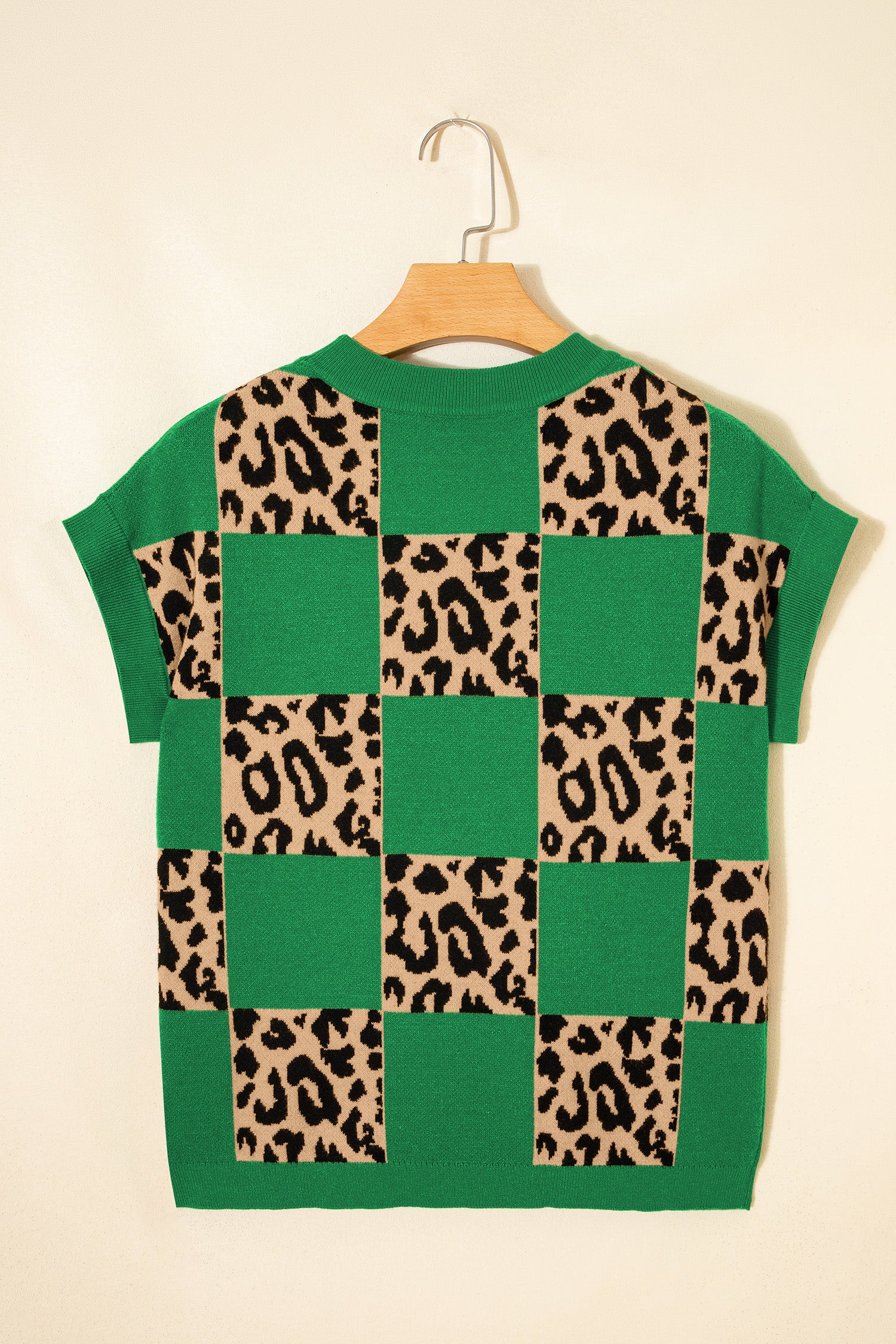 Leopard Checkerboard Short Sleeve Knit Sweater