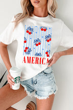 White Bow Cherry AMERICA Graphic Patriotic T Shirt