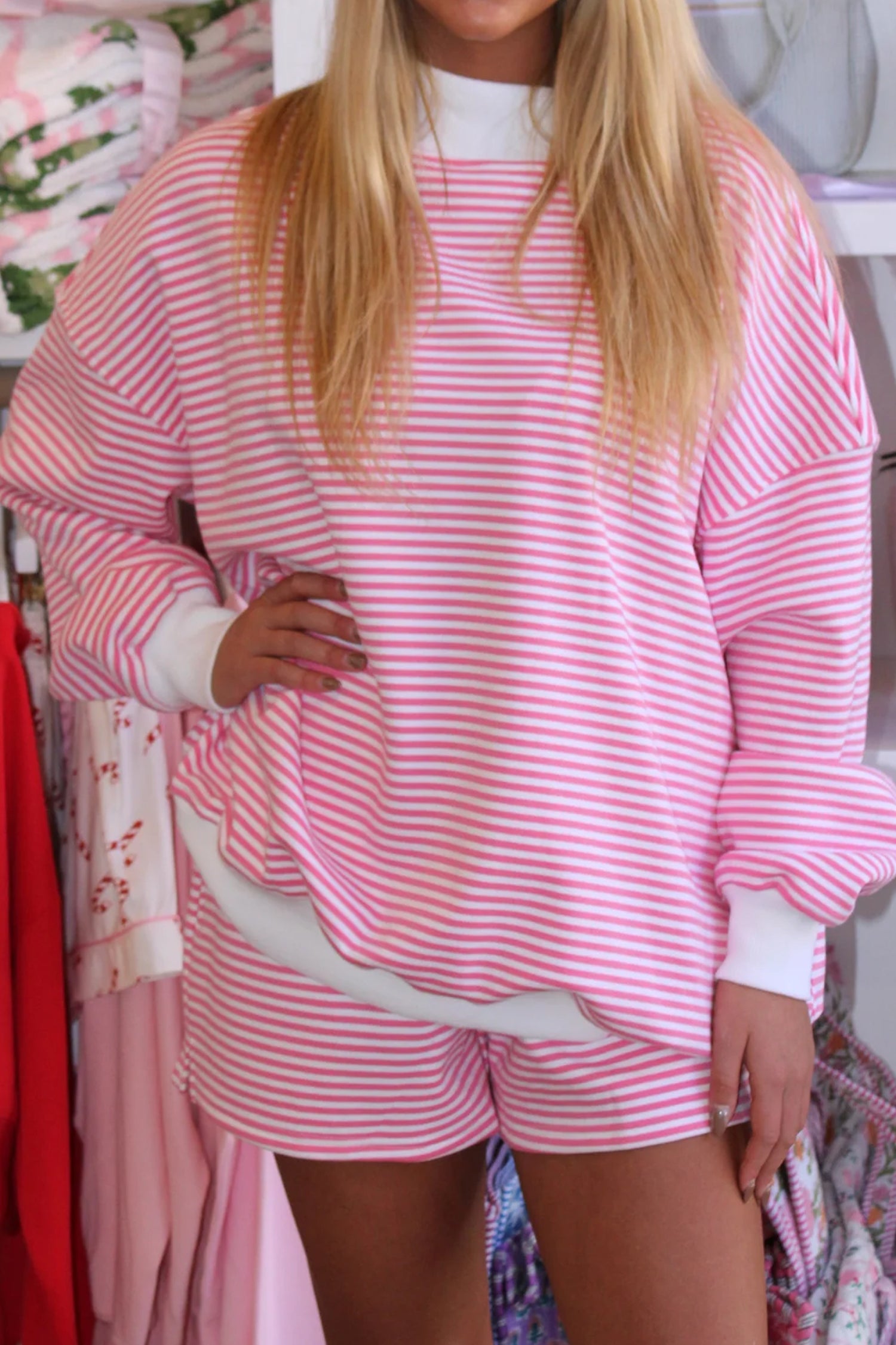 Red Stripe Oversize Mock Neck Sweatshirt and Shorts Set