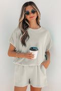 Solid Color Puffy Loose Top Drawstring Shorts 2pc Outfit