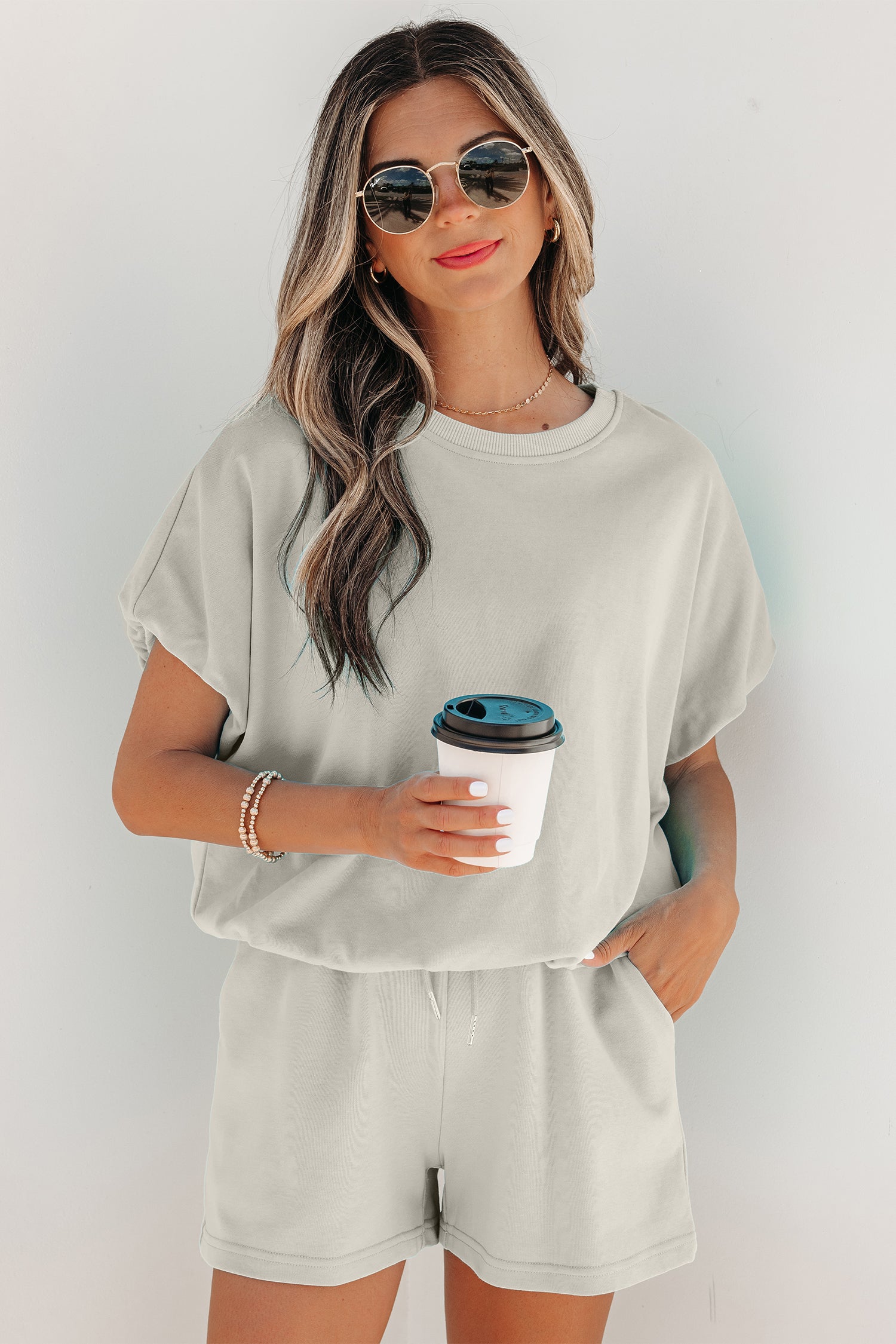 Solid Color Puffy Loose Top Drawstring Shorts 2pc Outfit