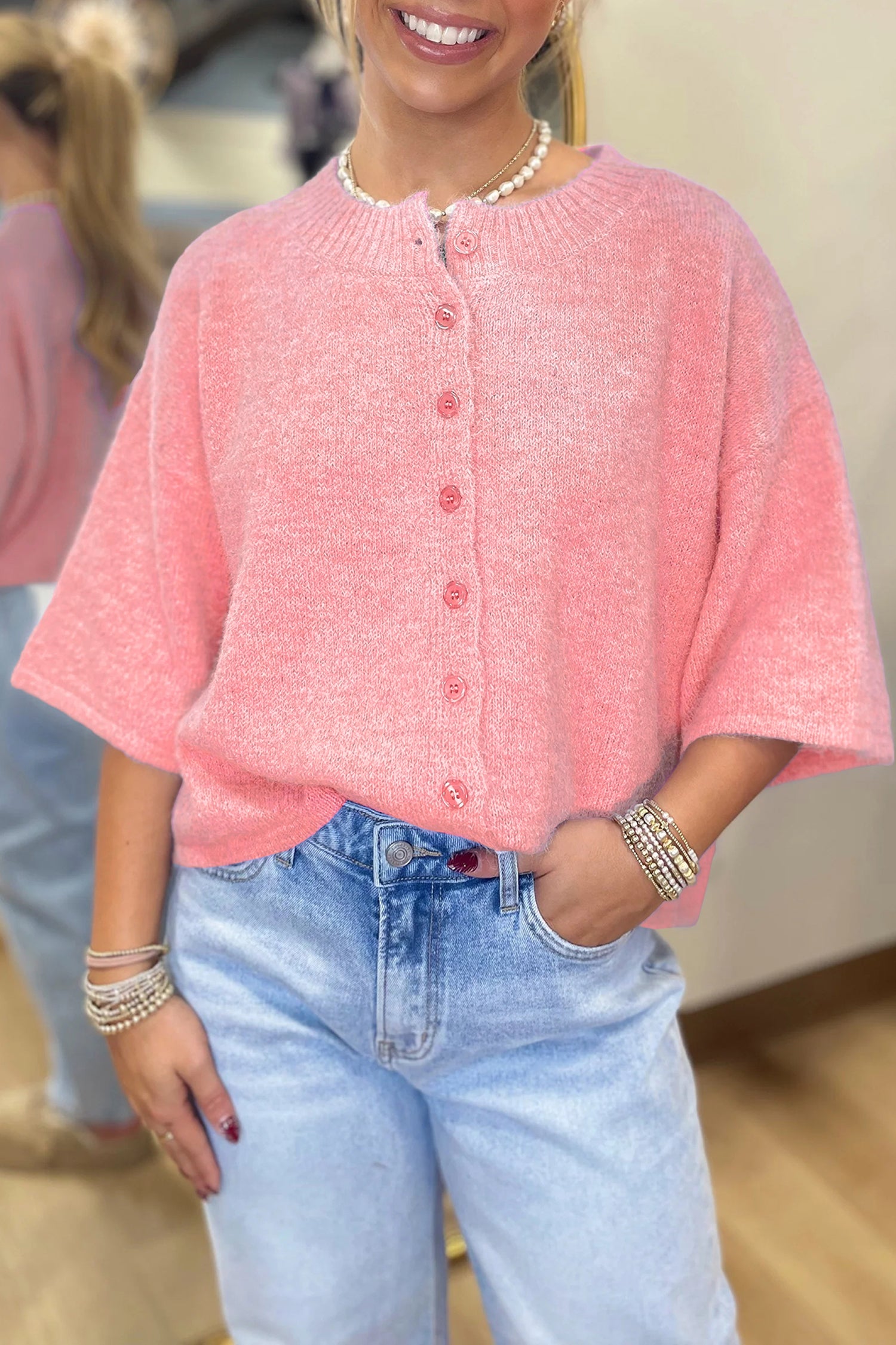 3/4 Sleeve Boxy Knit Button Down Sweater Cardigan