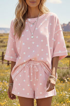 Polka Dot Short Sleeve Loose Top Drawstring Shorts Set