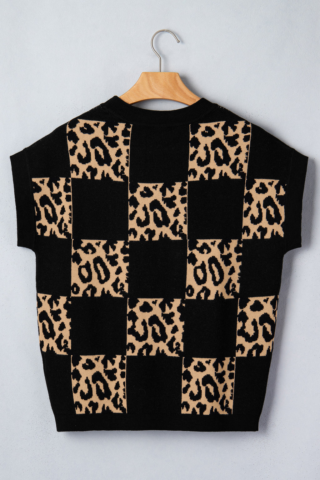 Leopard Checkerboard Short Sleeve Knit Sweater