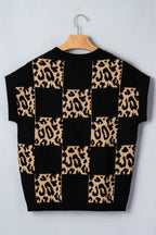 Leopard Checkerboard Short Sleeve Knit Sweater