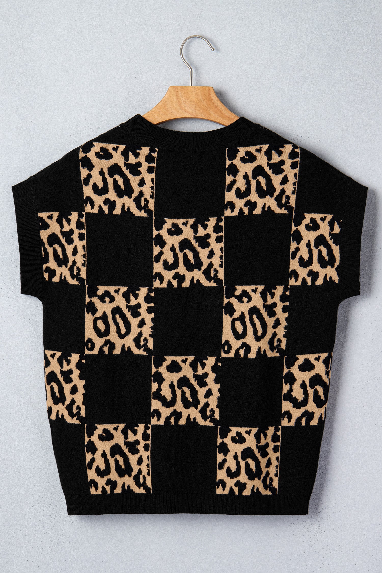 Leopard Checkerboard Short Sleeve Knit Sweater