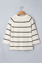 White Stripe Ribbed Knit Half Sleeve Loose Sweater Tee