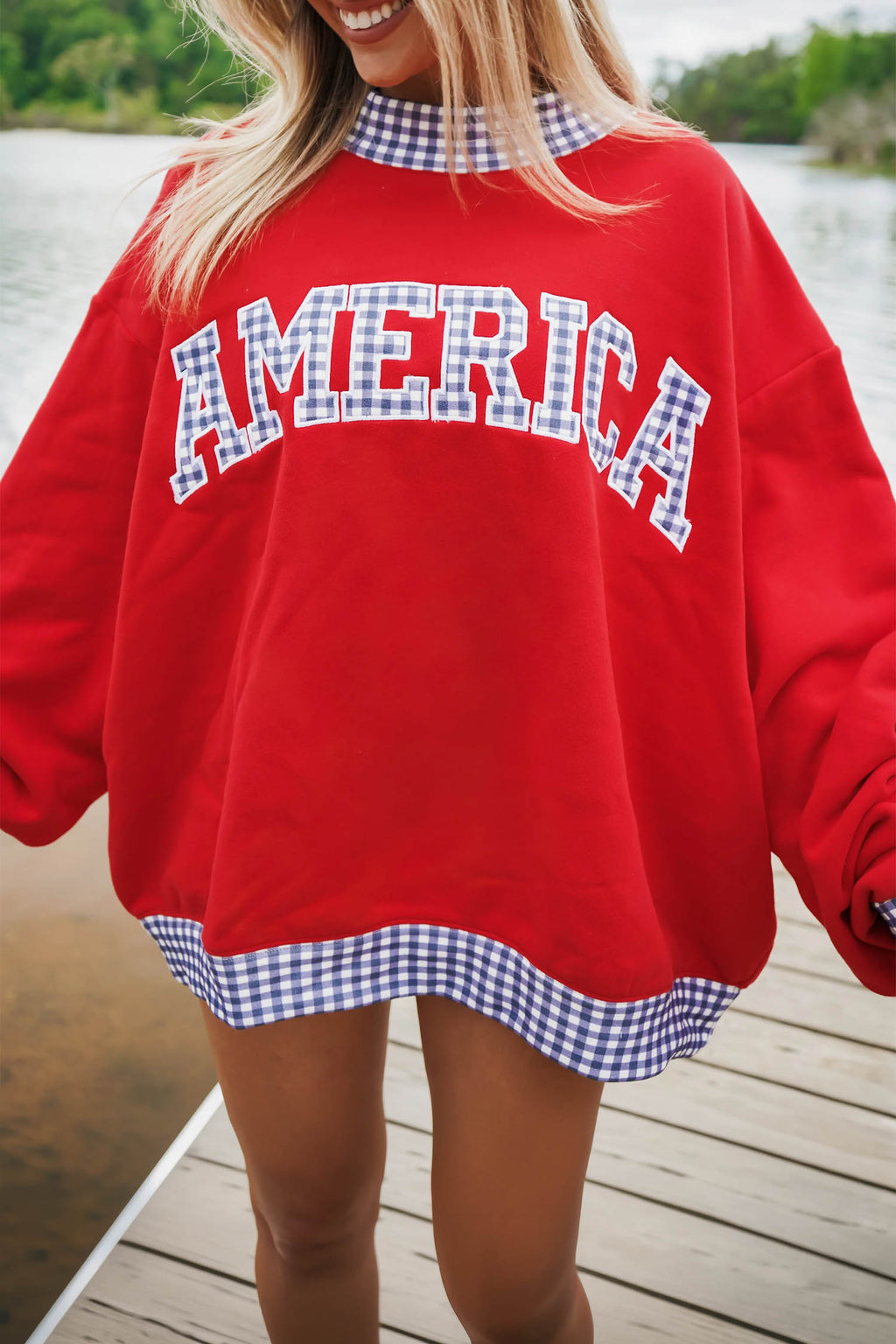 Red Plaid Trim High Neck AMERICA/ USA Letter Sweatshirt