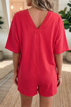 Pink Solid Color Raw Edge Half Sleeve Pocketed Loose Romper