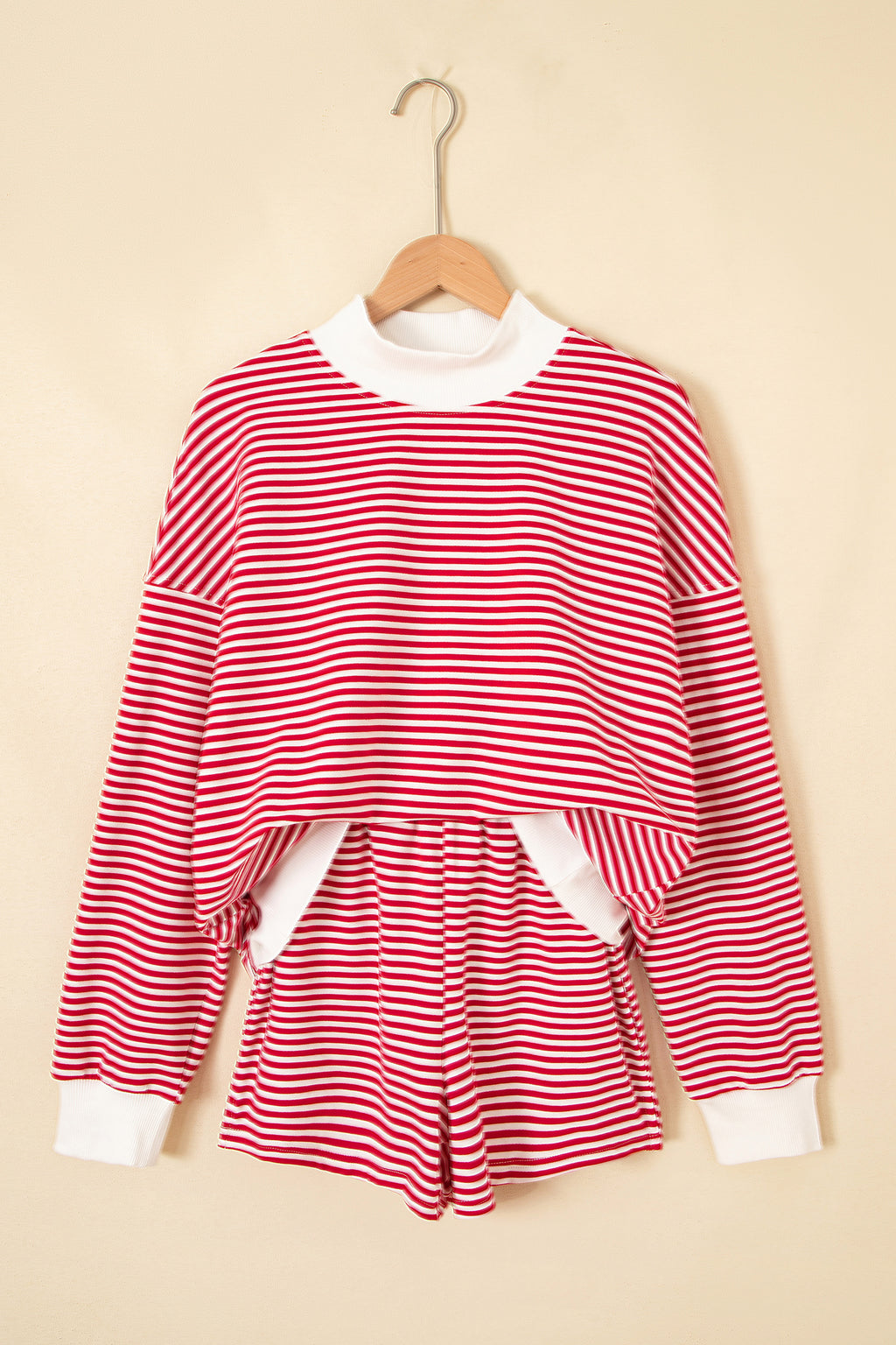 Red Stripe Oversize Mock Neck Sweatshirt and Shorts Set