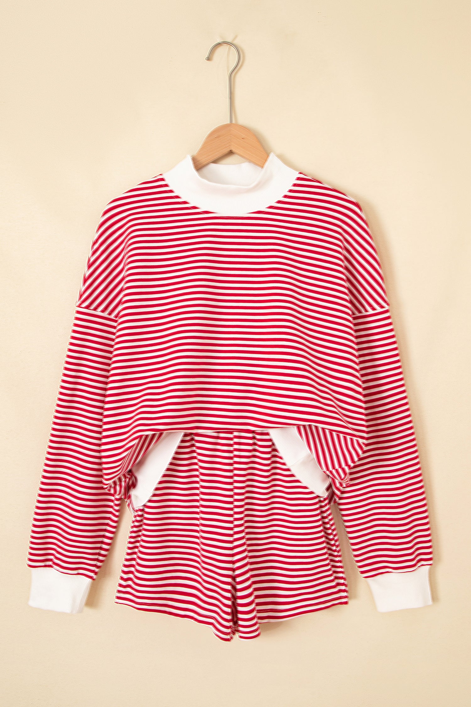 Red Stripe Oversize Mock Neck Sweatshirt and Shorts Set