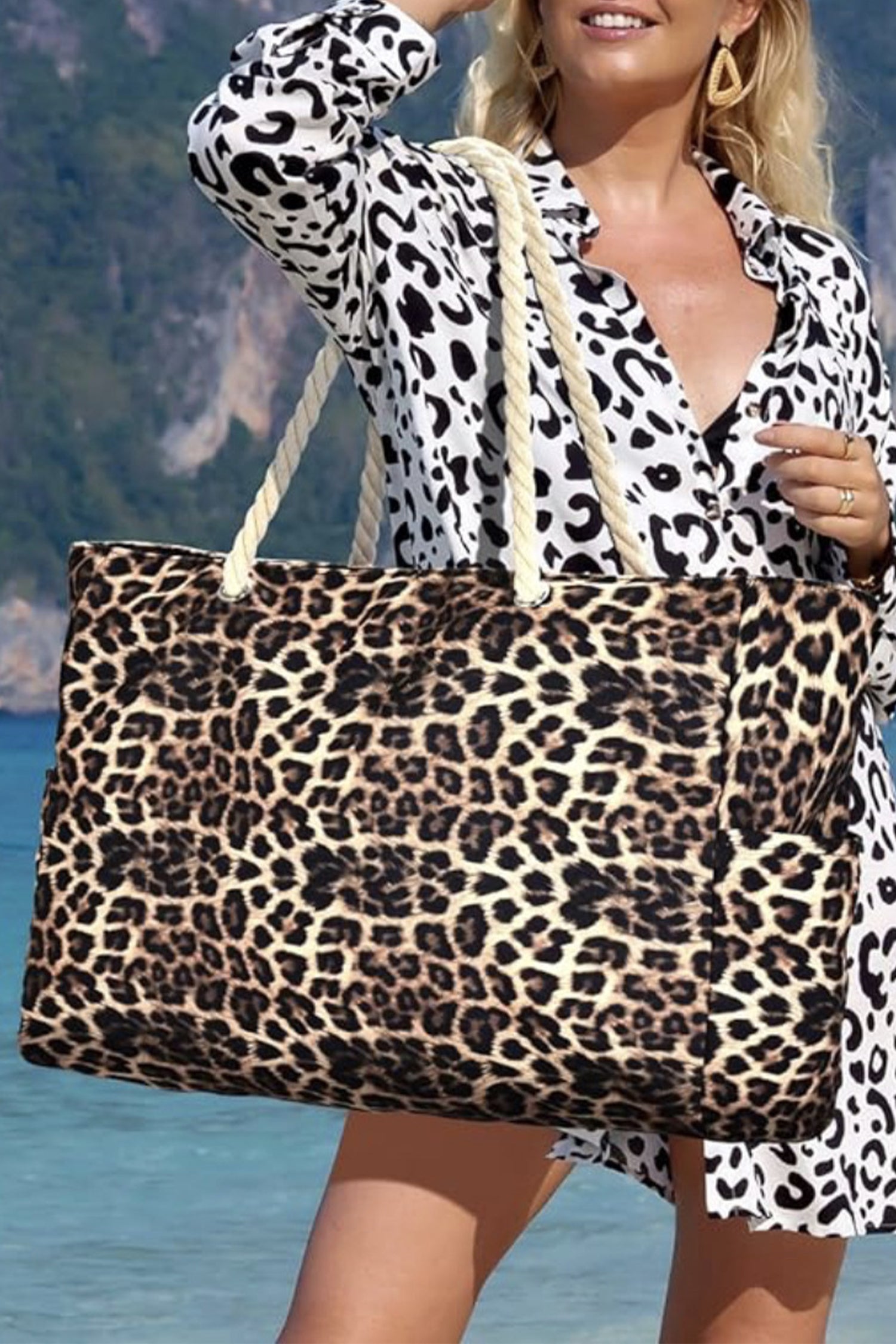 Leopard Print Rope Straps Large Travel Shopping Bag