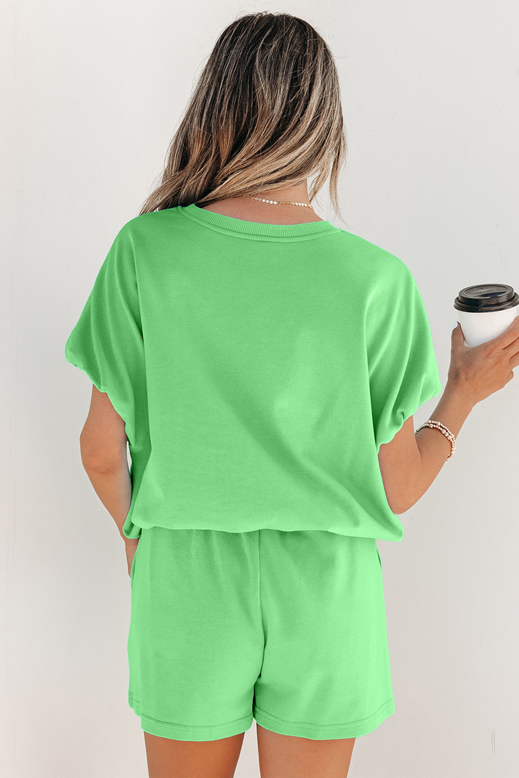 Solid Color Puffy Loose Top Drawstring Shorts 2pc Outfit