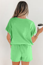 Solid Color Puffy Loose Top Drawstring Shorts 2pc Outfit