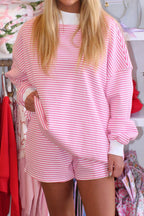 Red Stripe Oversize Mock Neck Sweatshirt and Shorts Set