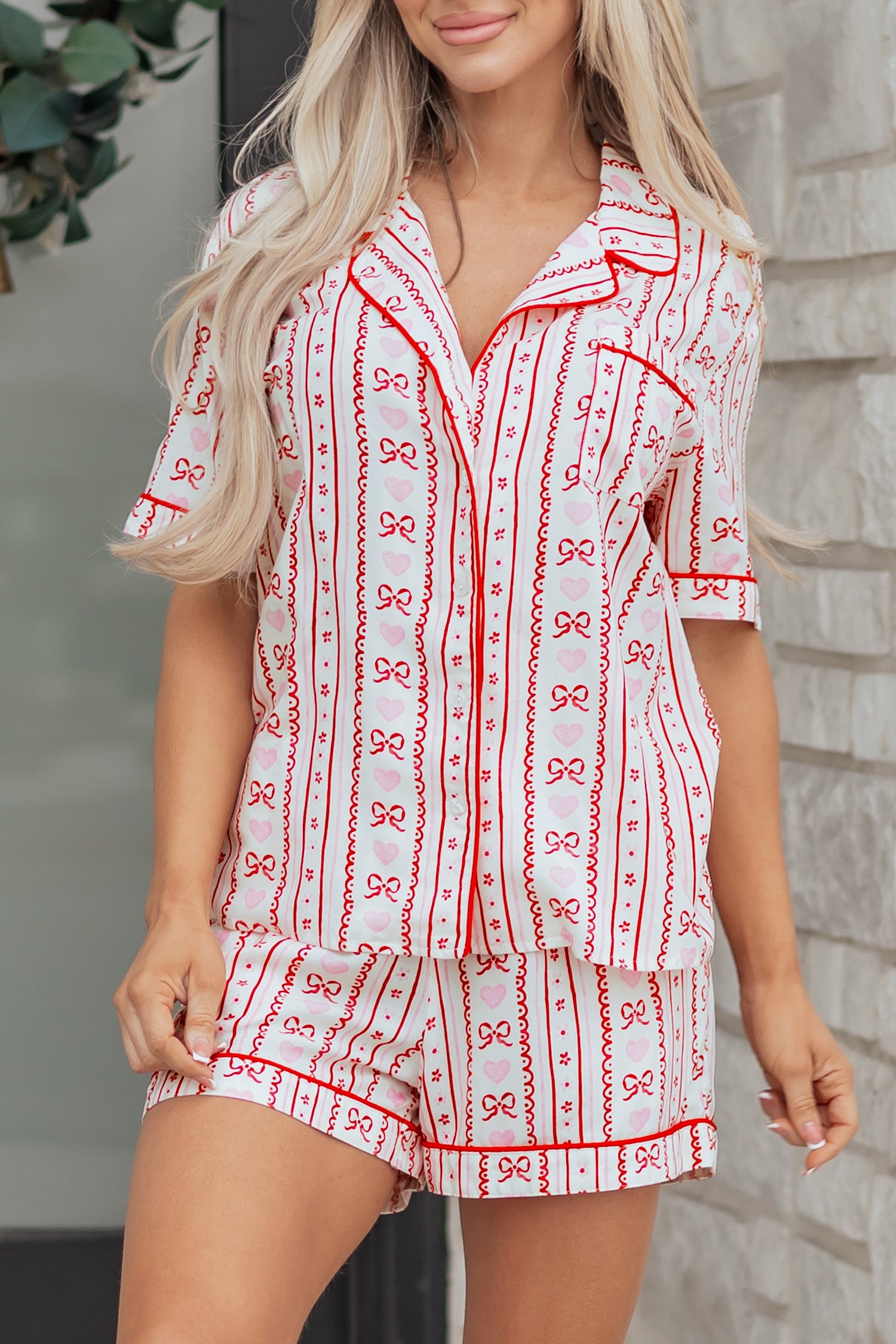 Red Bow Heart Print Ribbon Decor Short 2pcs Pajama Set