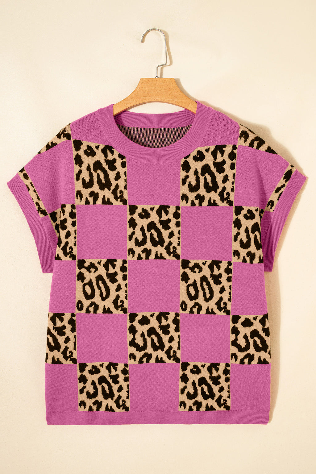 Leopard Checkerboard Short Sleeve Knit Sweater