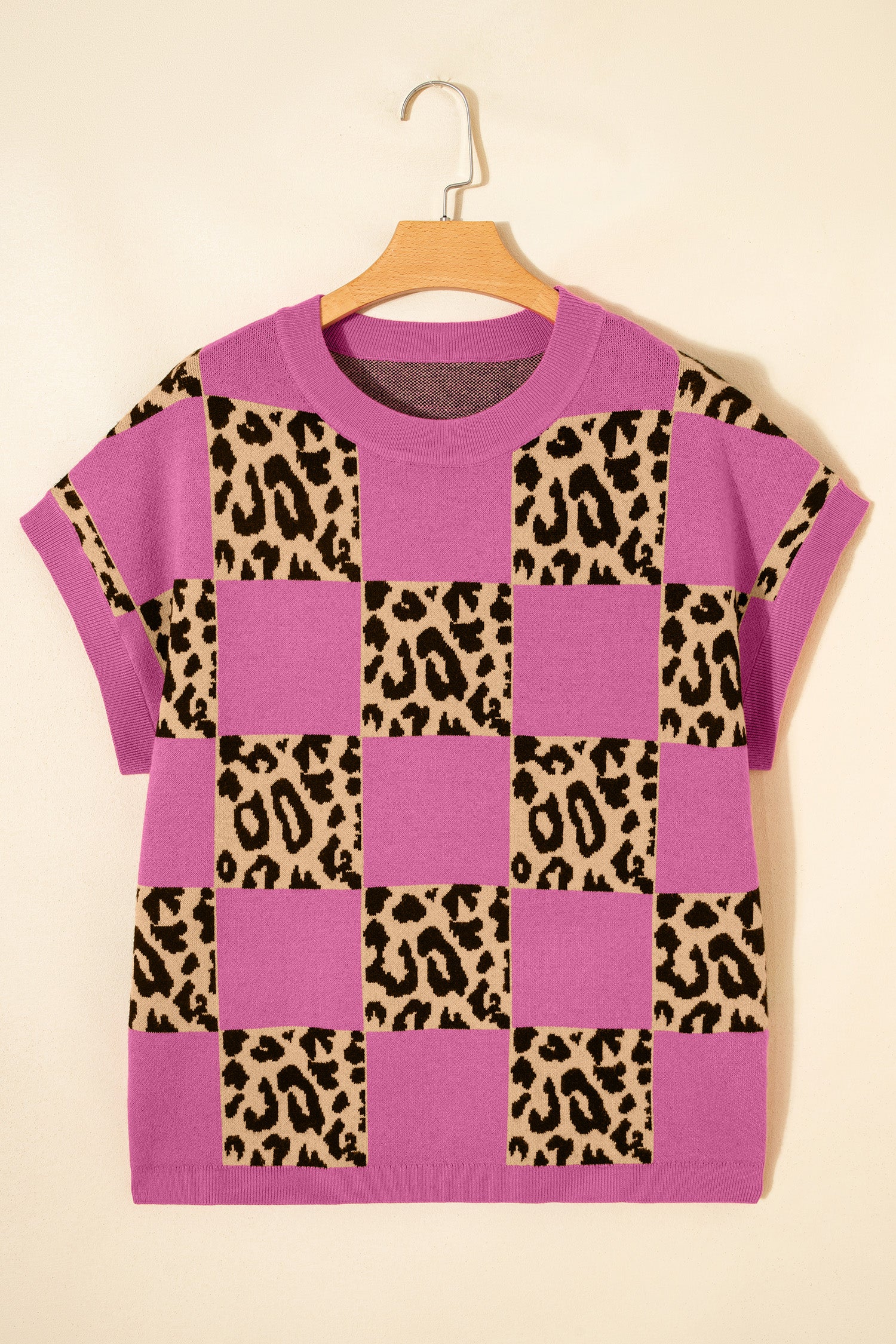Leopard Checkerboard Short Sleeve Knit Sweater