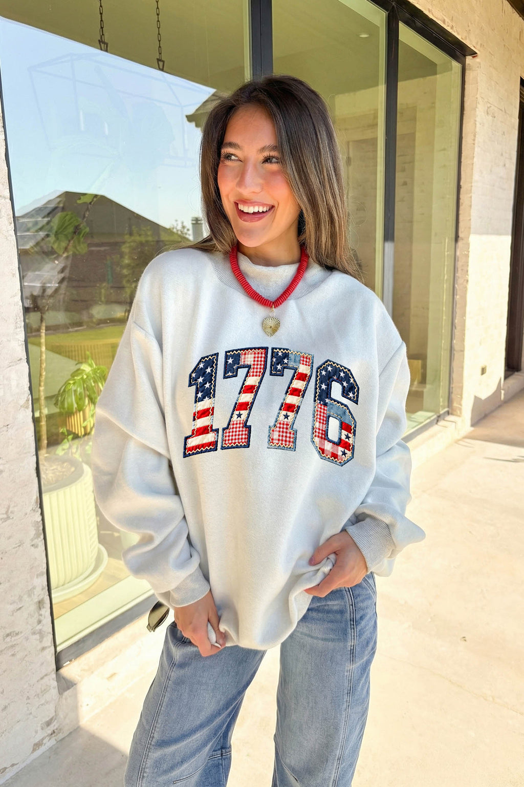 AMERICA/1776 Faux Patchwork Reversible Mock Neck Sweatshirt
