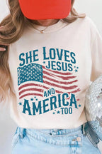 She Loves Jesus and America Flag Graphic Tee