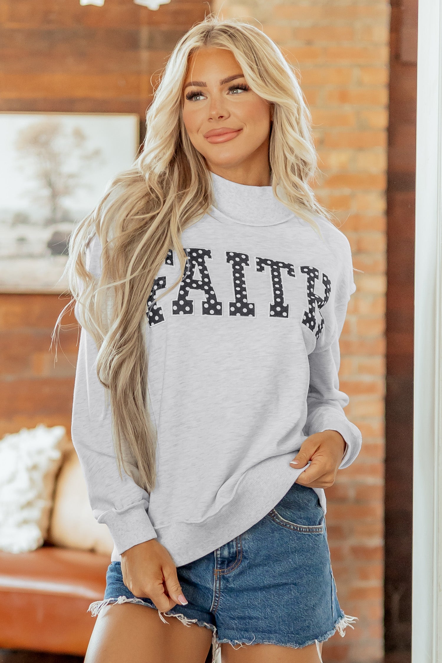 Light Grey High Neck Polka Dot Slogan Printed Baggy Sweatshirt