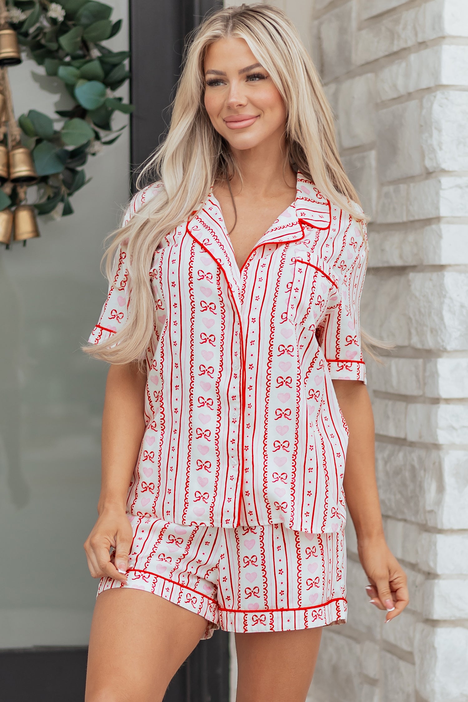 Red Bow Heart Print Ribbon Decor Short 2pcs Pajama Set