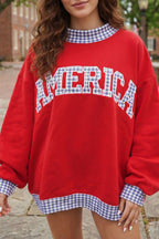 Red Plaid Trim High Neck AMERICA/ USA Letter Sweatshirt