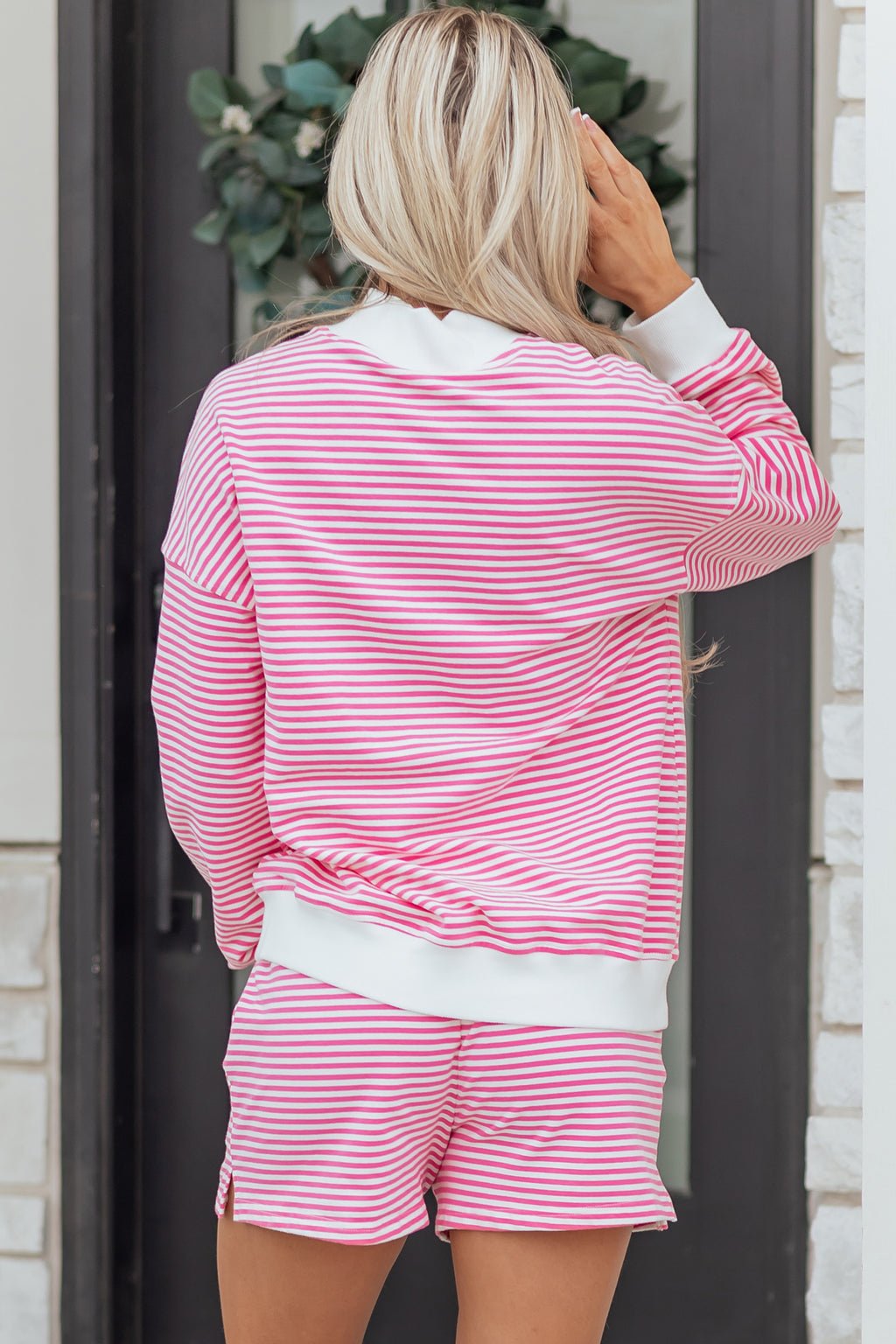 Stripe Oversize Mock Neck Sweatshirt and Shorts Set