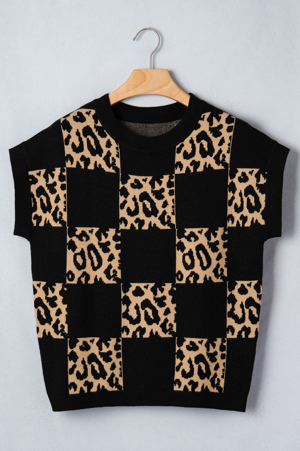 Leopard Checkerboard Short Sleeve Knit Sweater