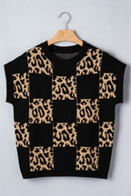 Leopard Checkerboard Short Sleeve Knit Sweater