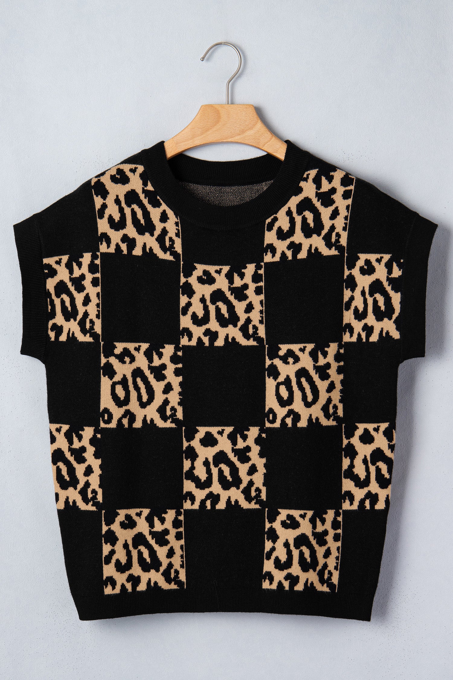 Leopard Checkerboard Short Sleeve Knit Sweater