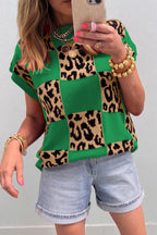 Leopard Checkerboard Short Sleeve Knit Sweater