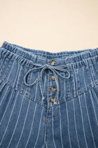 Sky Blue Stripe Button Pleated Drawstring Waist Wide Leg Jeans